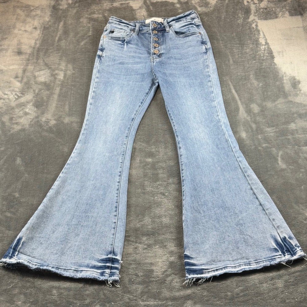 Kancan KC3020M Light Wash High Rise Button Fly Flare Raw Hem Jeans Womens 7